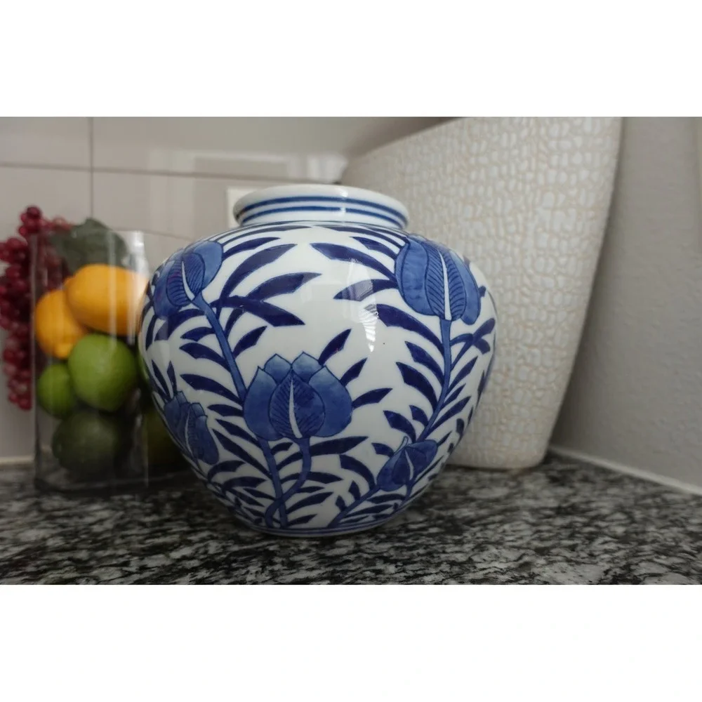 Blue and White Floral Ceramic Vase Round Decorative Accent Vase